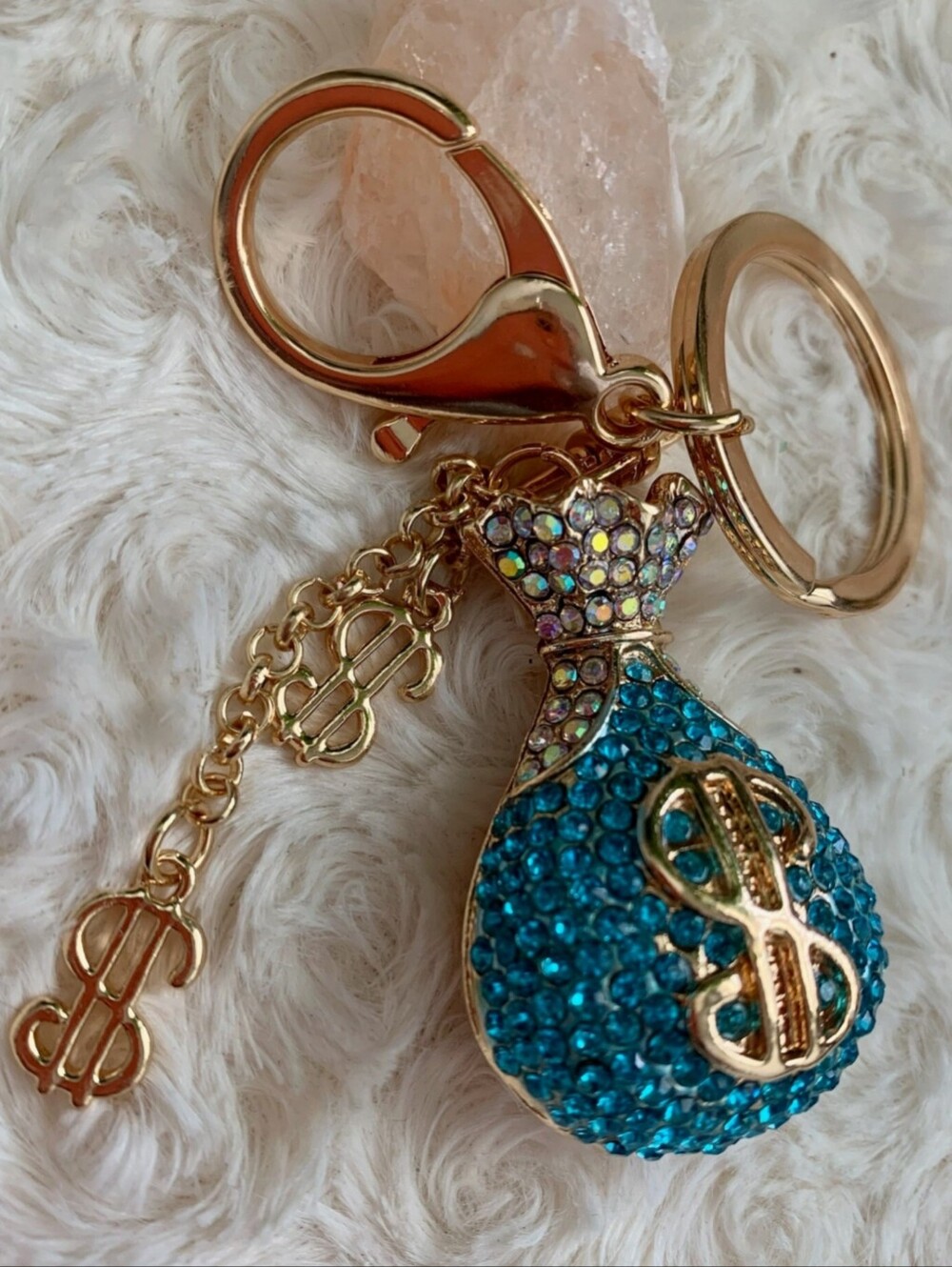 Bling Rhinestone Money Bag Keychain Crystal Purse Charm Gold Tone Blue